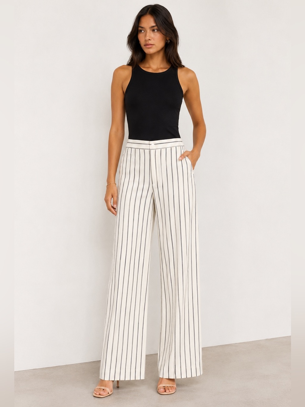 Zara Wide Leg Cream Pinstripe Pants